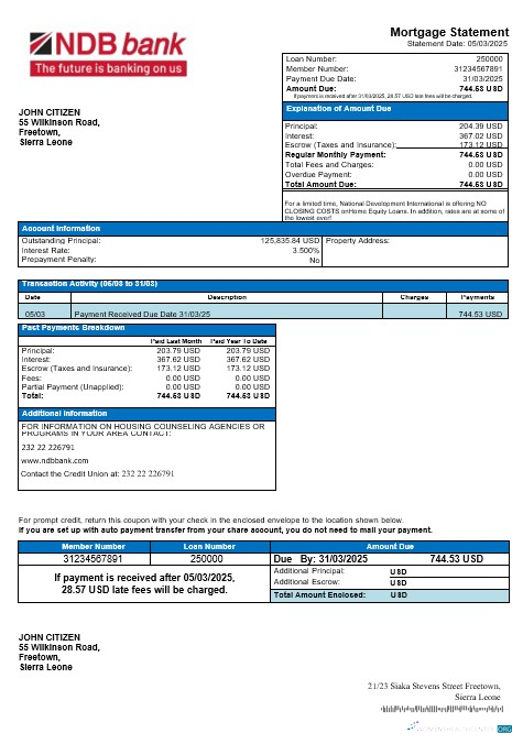 Download Sierra Leone National Development bank mortgage statement in Word and PDF formats Photoshop template